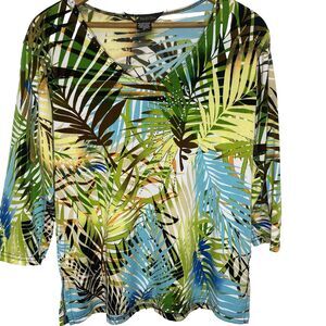 VALENTINA Blouse Palm Leaf Rhinestone Scoop Neck 3/4 Sleeve Womens M Green Blue